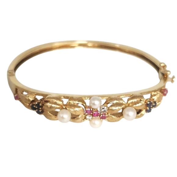Antique 14k Yellow Gold Diamond,Pearls,Ruby &Sapphire Bangle Bracelets - Picture 1 of 16